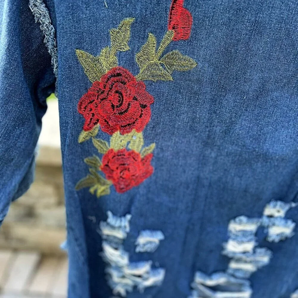 THRILL Denim Embroidered Distressed High-Low Mini Dress Size L - Picture 7 of 11